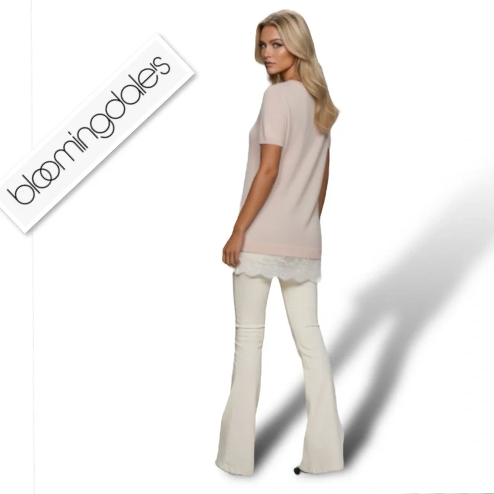 BLOOMINGDALE’S Nude Cashmere Short Sleeve Sweater With Lace Layer In Nude Size S